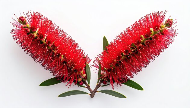 Two vibrant crimson bottlebrush flowers, arranged symmetrically with green leaves against a stark white backdrop, showcasing their textured, spiky blossoms - Powered by Adobe