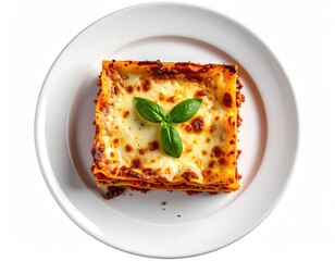 A square portion of cheesy lasagna, garnished with basil, sits on a white plate against a white background
