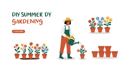 Flat vector illustration of DIY summer gardening, person planting flowers, watering plants, and arranging pots, clean style