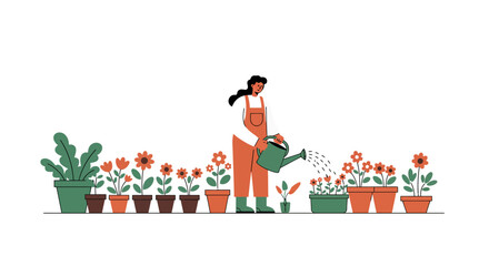 Flat vector illustration of DIY summer gardening, person planting flowers, watering plants, and arranging pots, clean style