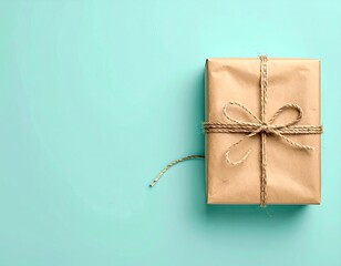 Square gift, simply wrapped in brown kraft paper and tied with twine, sits on a light teal background
