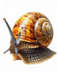 A large, brown and yellow snail with a spiraled shell,  extended eyestalks and textured foot, isolated on white