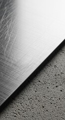 An industrial composition of a metallic plate with a damaged edge on a gray stone surface, a dramatic and detailed texture for a book cover or a movie poster design Grunge Detail