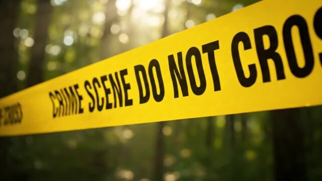 Crime Scene Do Not Cross Tape in a Forest Yellow Danger Tape Cordon Investigation Caution and Forensic Investigation