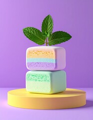 Two pastel-colored cubic candies stacked on a yellow platform, adorned with a sprig of mint, against a purple background