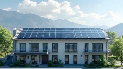Modern house with a large solar panel array on its roof, set against a scenic mountain landscape.