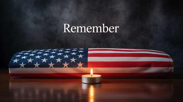 American flag-draped casket with lit candle and the word 'Remember' in a solemn tribute setting