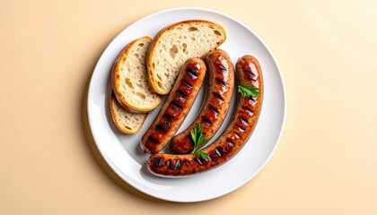 Three grilled sausages and bread slices on a white plate, overhead shot against a pale yellow background