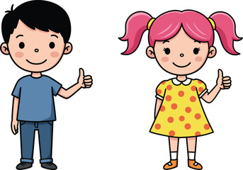 Cartoon boy and girl smiling with thumbs up, happy children gesture, cute kids illustration, friendship concept, playful childhood lifestyle moment