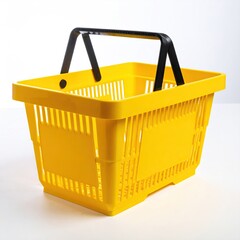 A bright yellow plastic shopping basket with a black handle, sits on a white background