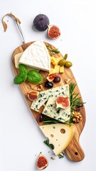 Wooden board showcasing an assortment of cheeses, figs, olives, grapes, walnuts, rosemary, and basil, arranged artfully on a white background