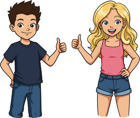 Smiling boy and girl cartoon illustration showing thumbs up, happy children gesture, friendship concept, positive kids expression, joyful lifestyle moment