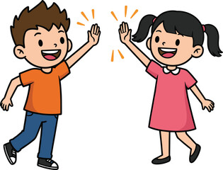 Happy children giving high five, smiling boy and girl cartoon, friendship illustration, teamwork concept, fun kids activity, joyful celebration moment