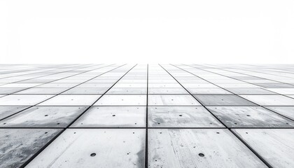 A perspective view of a vast, tiled floor receding to a bright white horizon, showcasing a grid pattern of light grey, textured squares with subtle variations in tone and occasional dark spots