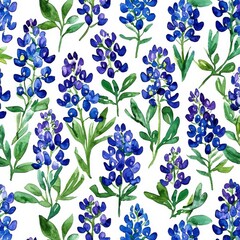 Beautiful seamless design featuring Texas bluebonnets in a flat watercolor style.