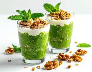 Two vibrant green smoothies layered with creamy yogurt and granola, garnished with fresh mint and walnuts, sit on a white background