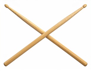 Two light brown wooden drumsticks, crossed, isolated on a white background; simple, clean image