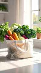 Sunlit kitchen counter displays a white mesh tote overflowing with vibrant carrots, broccoli, cabbage, and parsley