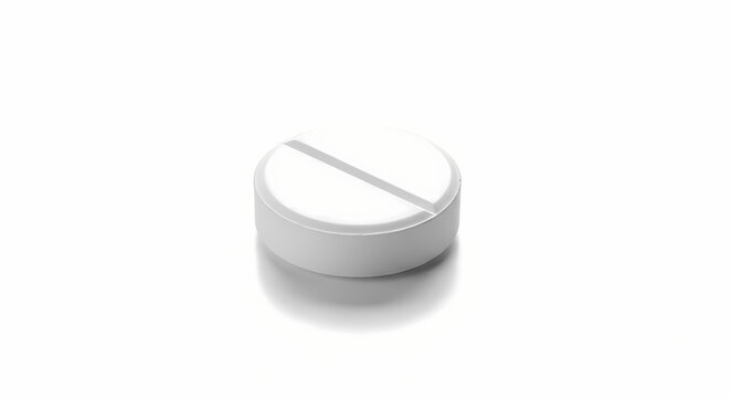 A single white round pill with a score line is isolated on a clean white background, showcasing its pharmaceutical form.
