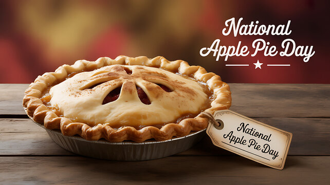 A freshly baked apple pie on a wooden table with a tag celebrating National Apple Pie Day