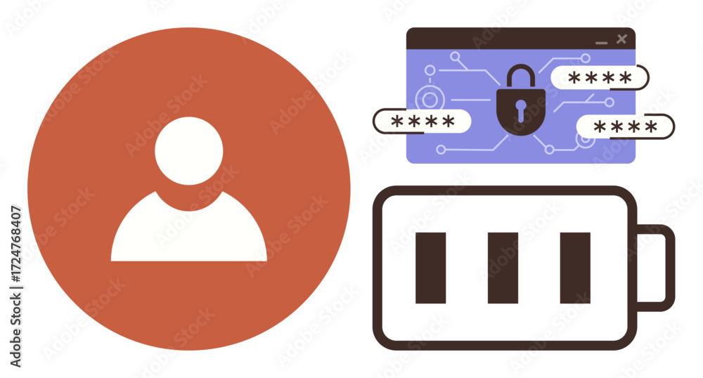 Poster user avatar in red circle, secure password encryption with padlock symbol, and battery charge graphi