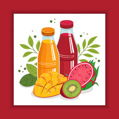 Colorful fruit juice bottles with fresh tropical fruits vector illustration