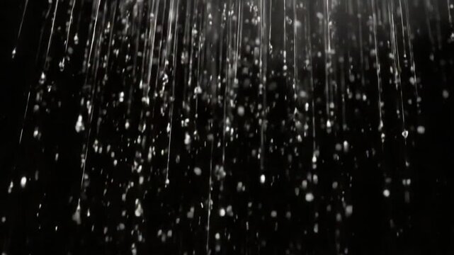 Falling Water: Raindrops cascade downwards with exquisite precision against a dark backdrop, this shot is perfect for evoking a sense of freshness and renewal.