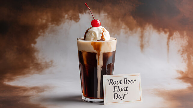 A root beer float with vanilla ice cream and a cherry, served in a glass with a sign reading 'Root Beer Float Day'
