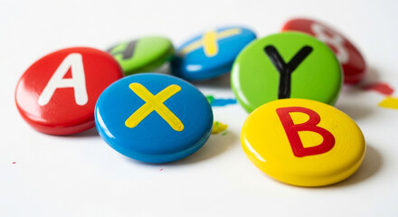 Colorful abxy buttons for gaming console controller replacement parts close up macro photography