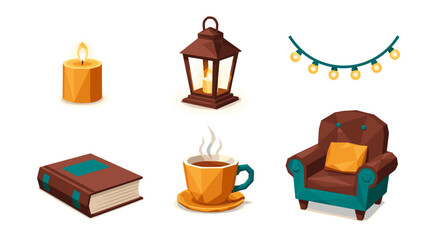 Isometric view of cozy scene with candle lantern lights book and chair