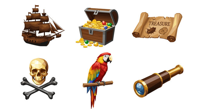 Illustration of a pirate ship treasure chest map skull parrot and telescope