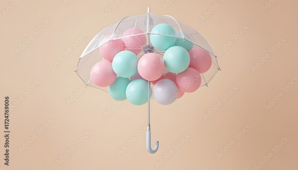 Poster whimsical pastel balloons floating inside a clear umbrella creating a playful and dreamy protective 