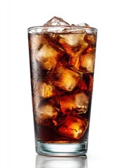 Refreshing Brown Carbonated Drink with Ice Cubes in Tall Glass