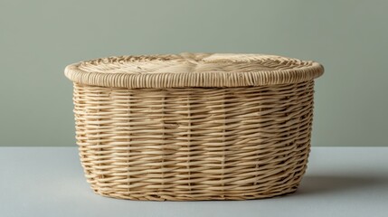 Obraz premium Natural Woven Storage Basket with Round Lid on a Minimalist Surface in Soft Light