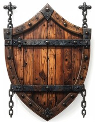 Fototapeta premium A rustic wooden shield, vertically oriented, with iron bands, rivets, and hanging chains. The wood shows age and texture
