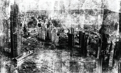 Apocalyptic city with destroyed buildings. Grunge scratch background. Creative black and white illustration