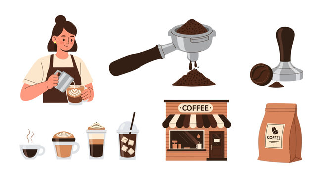 Vector illustration set featuring a barista pouring milk into a cup, coffee beans, a coffee shop, espresso machine portafilter, and coffee-related elements with a paper bag