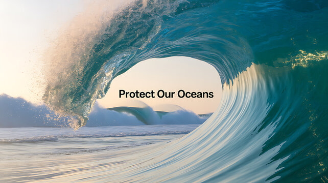 Powerful ocean wave forming a tunnel with 'Protect Our Oceans' text overlay