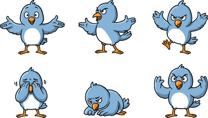 Fototapeta premium Cartoon blue bird character emotions, angry bird illustration, cute animal mascot, expressive bird clipart, funny cartoon bird poses, emotional character design, vector art