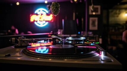 A vibrant DJ setup featuring a turntable and neon bar signage. - Powered by Adobe