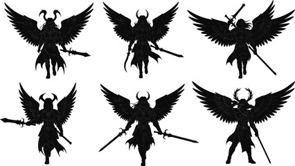 Dark fantasy angel warrior silhouette, gothic demon knight illustration, mythical horned fighter with wings, powerful evil guardian artwork, heroic fantasy character