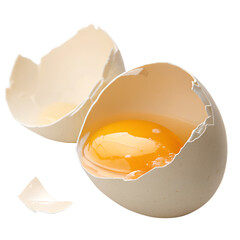 A cracked egg with a bright yellow yolk and white albumen, showcasing fresh ingredients for cooking and baking