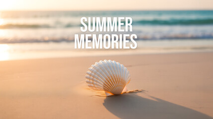 A seashell rests on sandy beach at sunset with ocean waves in the background and text 'SUMMER MEMORIES'