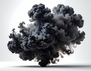 A grayscale abstract image depicting a voluminous, swirling cloud of dark ink suspended against a bright white background. The ink displays varying shades of gray and black, creating a dynamic