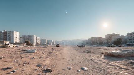 Desert Landscape with Heavily Damaged Buildings and Abandoned Military Vehicles under Sunny Sky