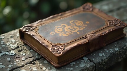 Ancient leather-bound book with ornate gold details resting on a weathered stone surface.