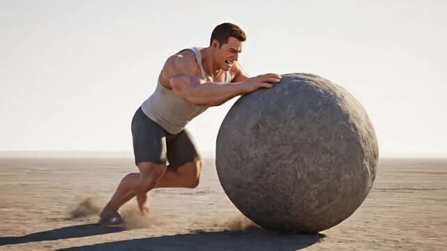 muscular man pushing large heavy stone boulder