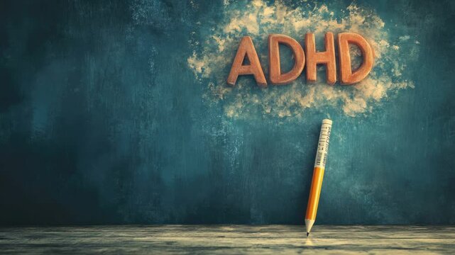 Pencil floating under ADHD text against smoky blue background
