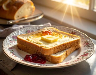 Buttered toast with jam at window