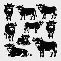 Obraz premium Set of diverse black silhouette cow illustrations scalable vector graphics for farm animal designs vector